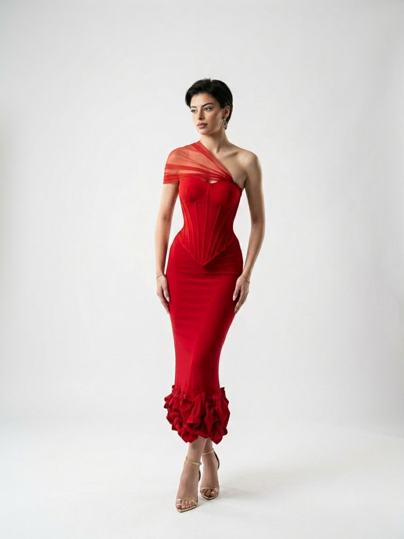 Women's One Shoulder Asymmetric Maxi Dress - Red Lace Corset Cutout Bodycon Evening Gown