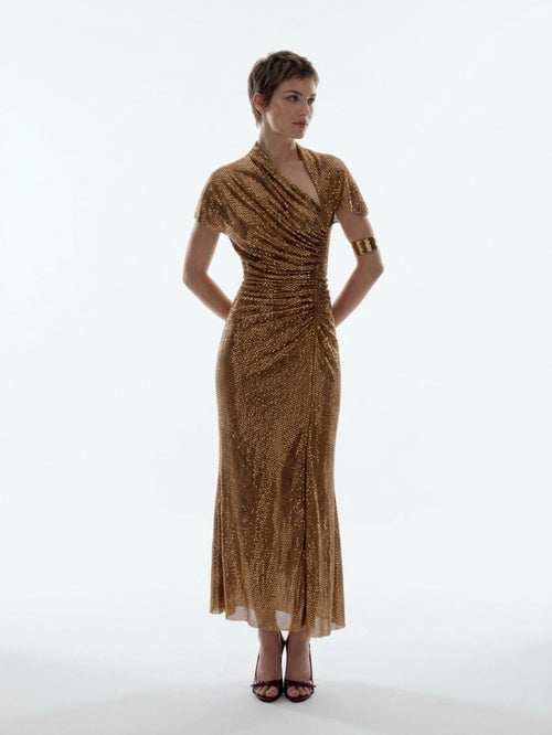 Women's Gold Sequin Maxi Dress - V-Neck Cap Sleeve High Slit Formal Evening Gown