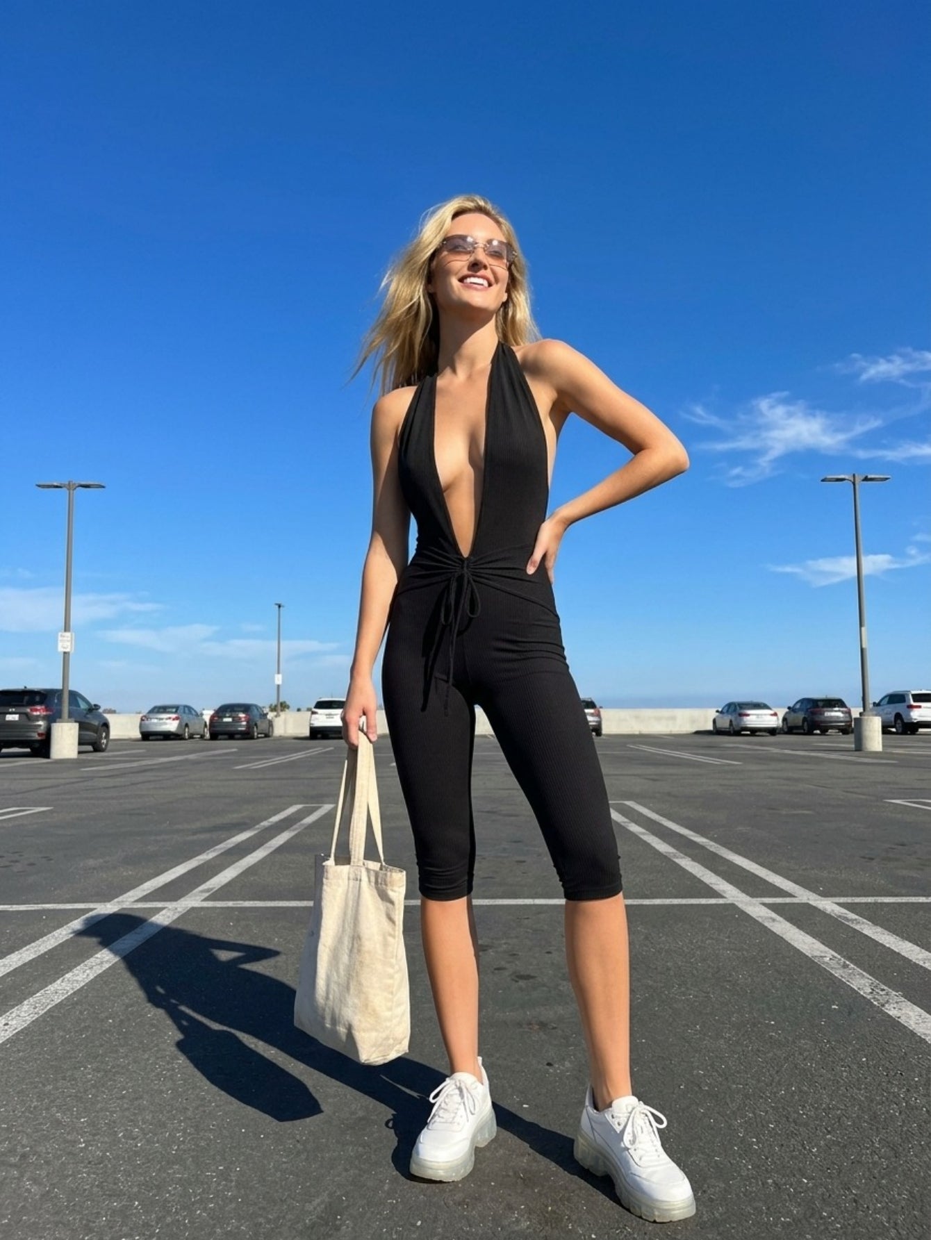 Snatched Halter Neck Jumpsuit - Deep V Tie Front Wide Leg Cropped Romper For Casual Outing