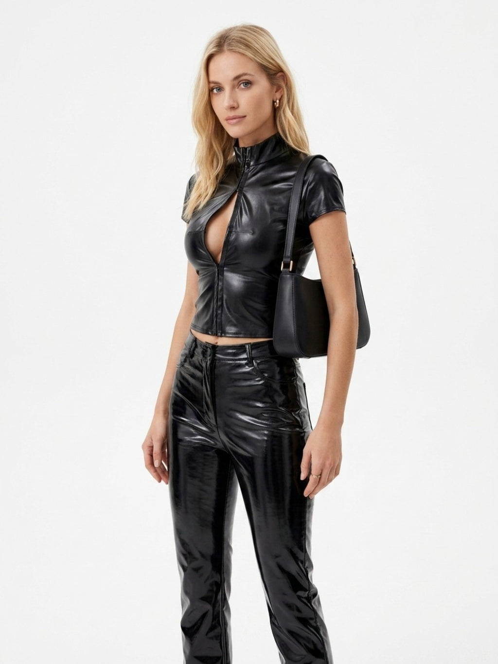 Women's Faux Leather Halter Top - Black Tie Front Crop Top with Cap Sleeves | Y2K Baddie Streetwear