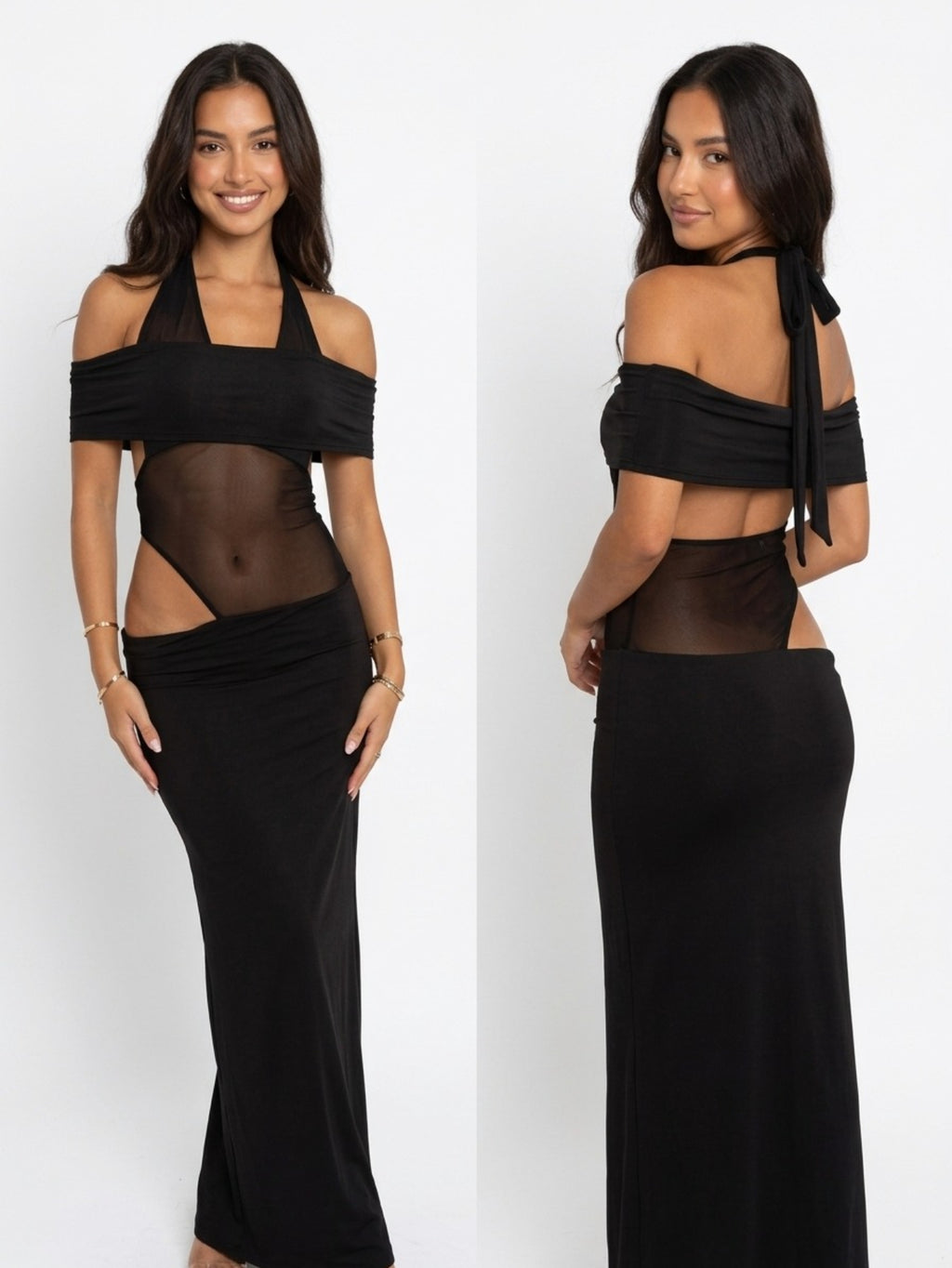 Women's Sexy Cutout Maxi Dress - Off Shoulder Mesh Panel Design with High Slit for Party