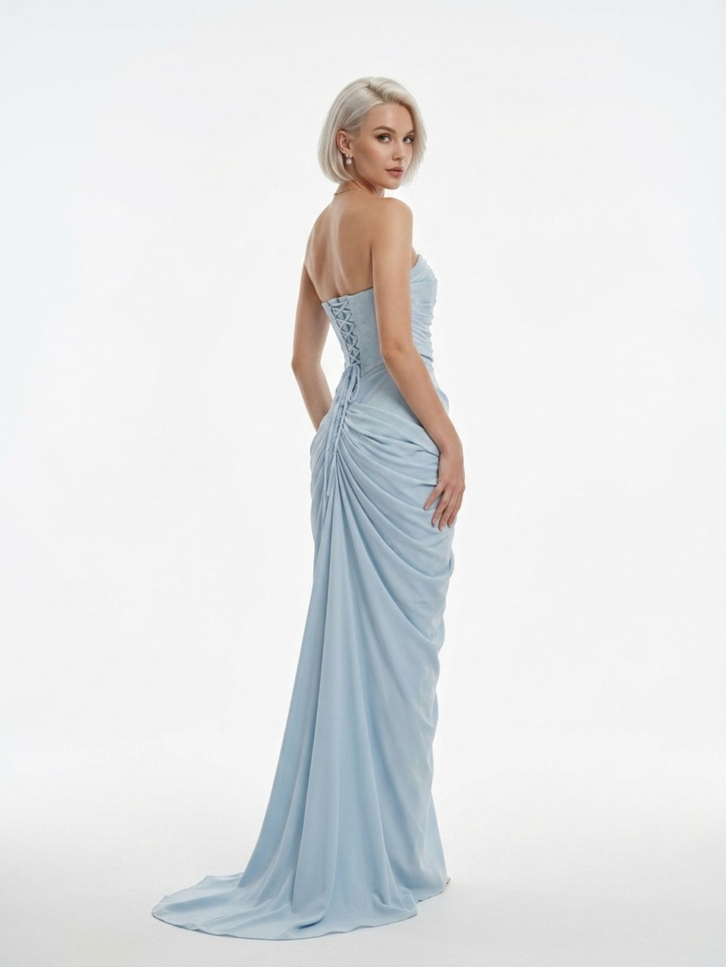 Women's Light Blue Strapless Maxi Dress - Ruched Satin High Slit Formal Evening Gown