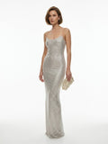 Women's Silver Sequin Maxi Dress - Sultry Spaghetti Strap Cowl Neck Evening Gown