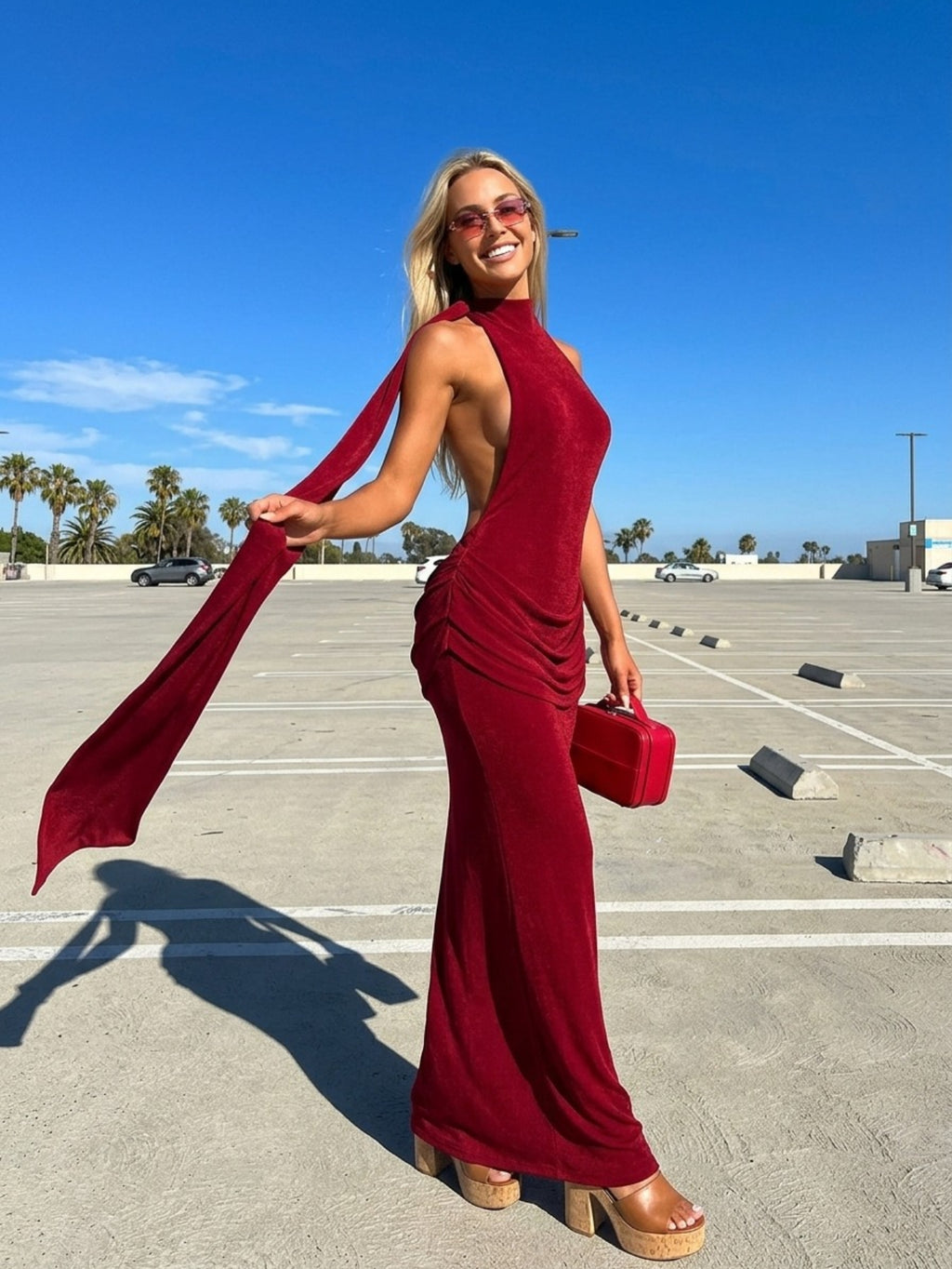 Women's Red Halter Neck Maxi Dress - Open Back with Sleeve Tie Drape Detail | Elegant Evening Gown for Formal Party Prom