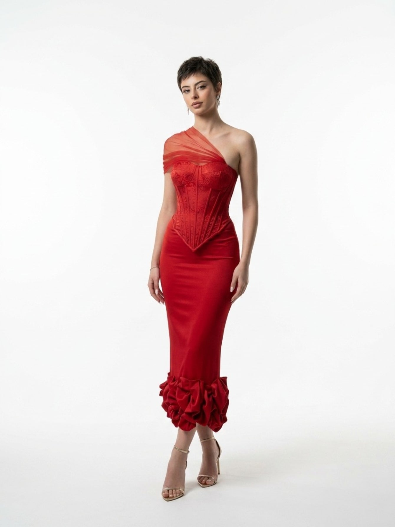 Women's One Shoulder Asymmetric Maxi Dress - Red Lace Corset Cutout Bodycon Evening Gown