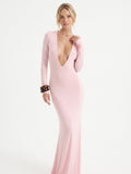 Women's Elegant Satin Maxi Dress - Plunging V-Neck Long Sleeve Formal Gown for Evening Party