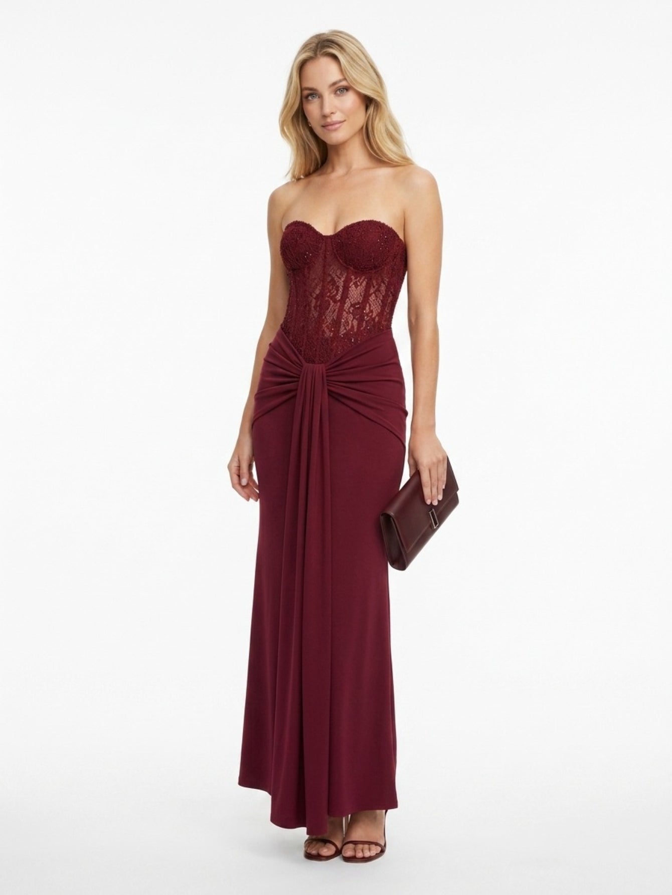 Women's Elegant Strapless Backless Long Dress with Ruched Detail Perfect for Party & Formal Events, Woven Fabric with Slight Stretch