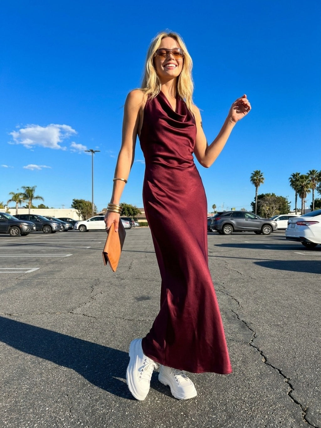 Women's Satin Halter Neck Maxi Dress - Plunging V Neck with Draped Detail | Elegant Evening Party Gown