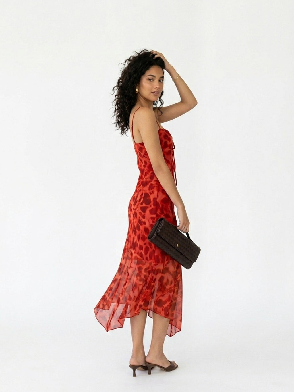 Women's Red Printed Midi Dress - Spaghetti Strap Asymmetric Hem Summer Casual Vacation Dress