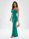 Women's Emerald Green Maxi Dress - Sleeveless V-Neck Ruched Evening Gown with Open Back
