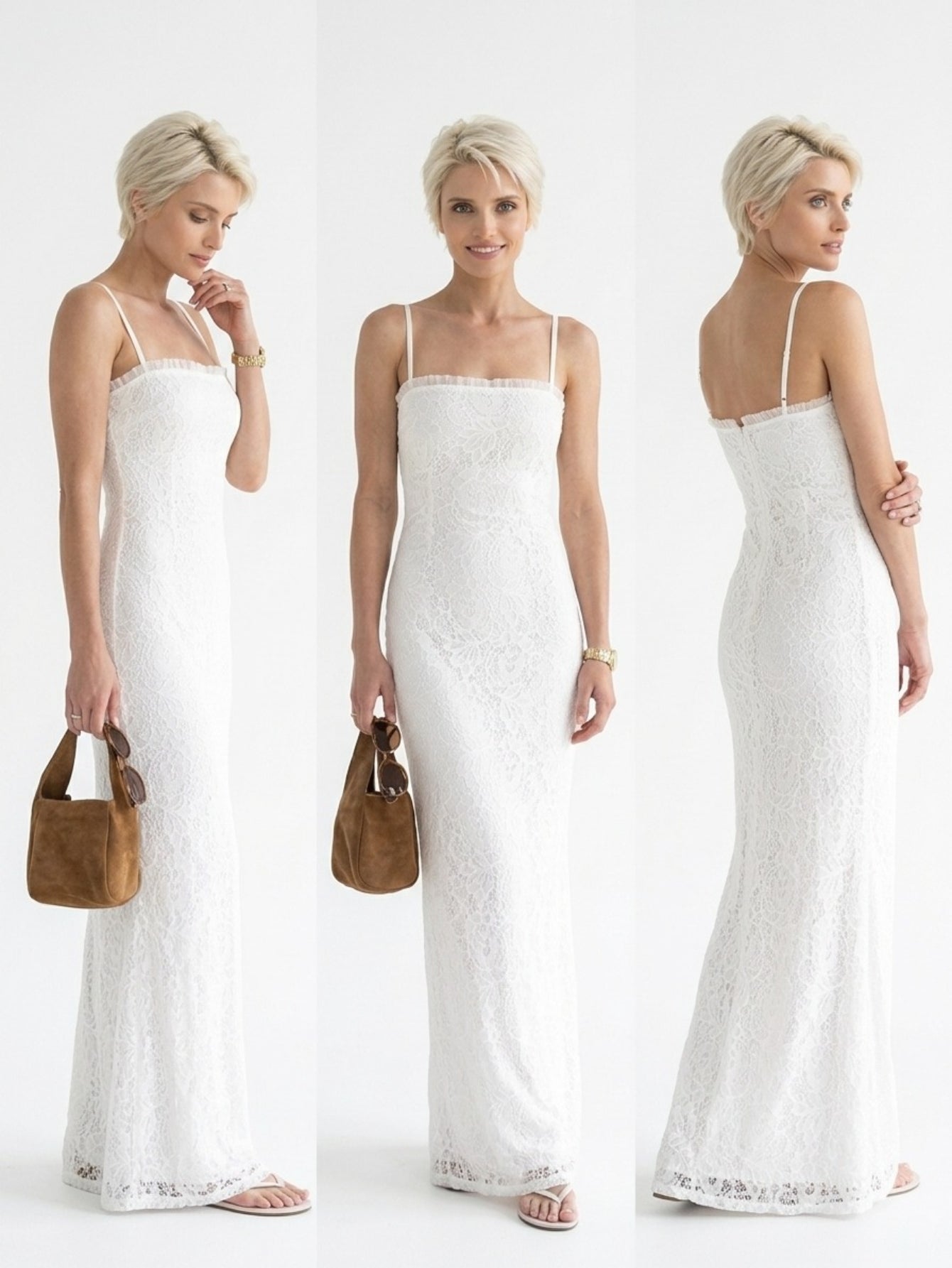 Women's White Lace Maxi Dress - Spaghetti Strap Sleeveless Column Gown for Summer & Bridal Events