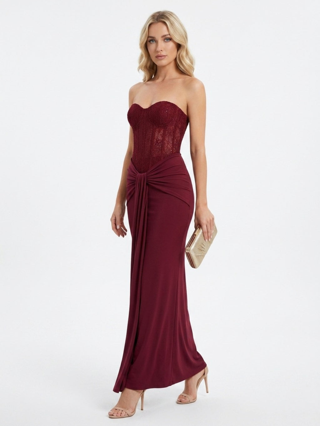 Women's Elegant Strapless Backless Long Dress with Ruched Detail Perfect for Party & Formal Events, Woven Fabric with Slight Stretch