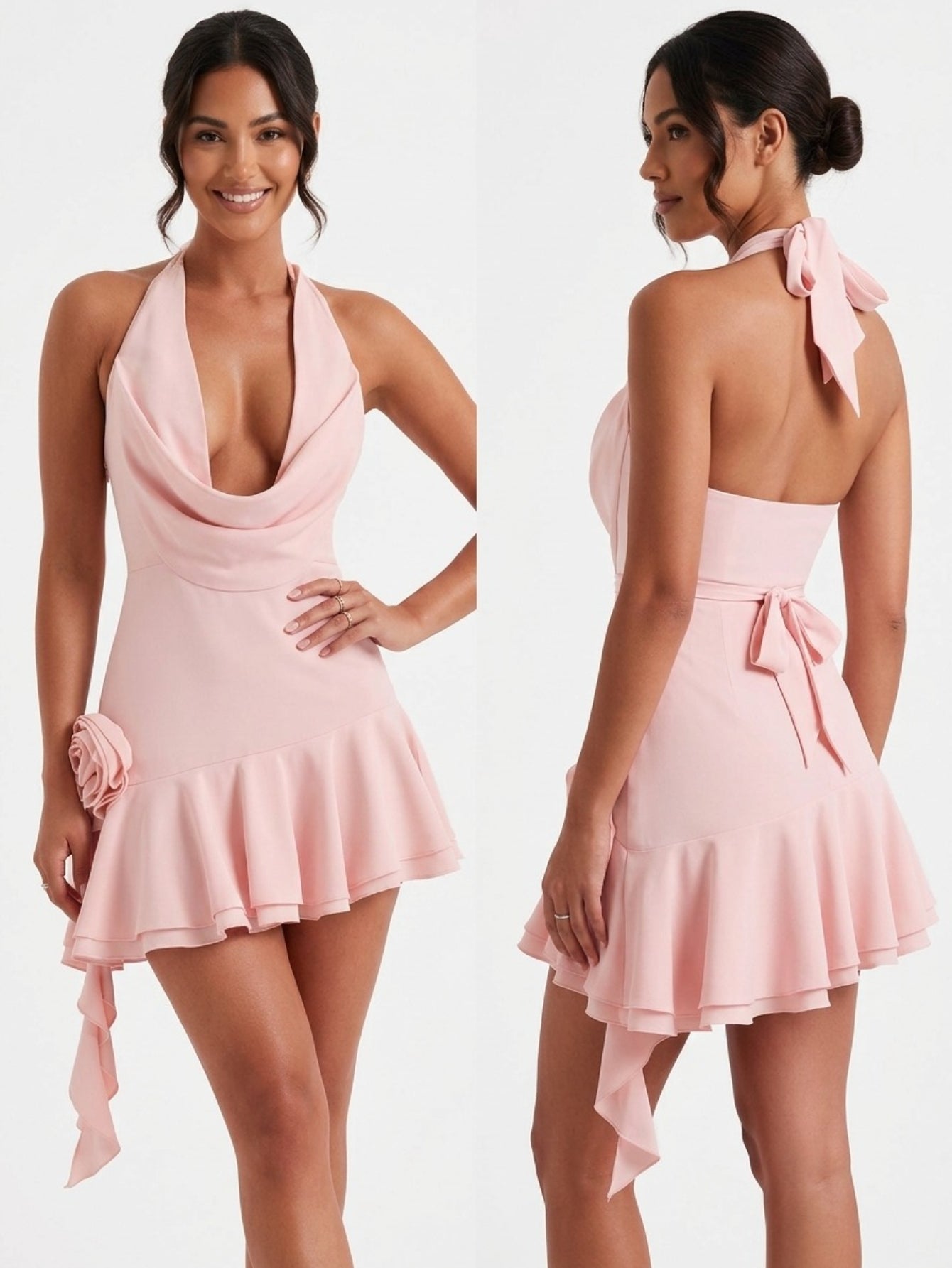 Women's Halter Neck Mini Dress - Sleeveless V-Neck Ruffle Hem Party Club Dress with Adjustable Tie (Available in Black/Pink)