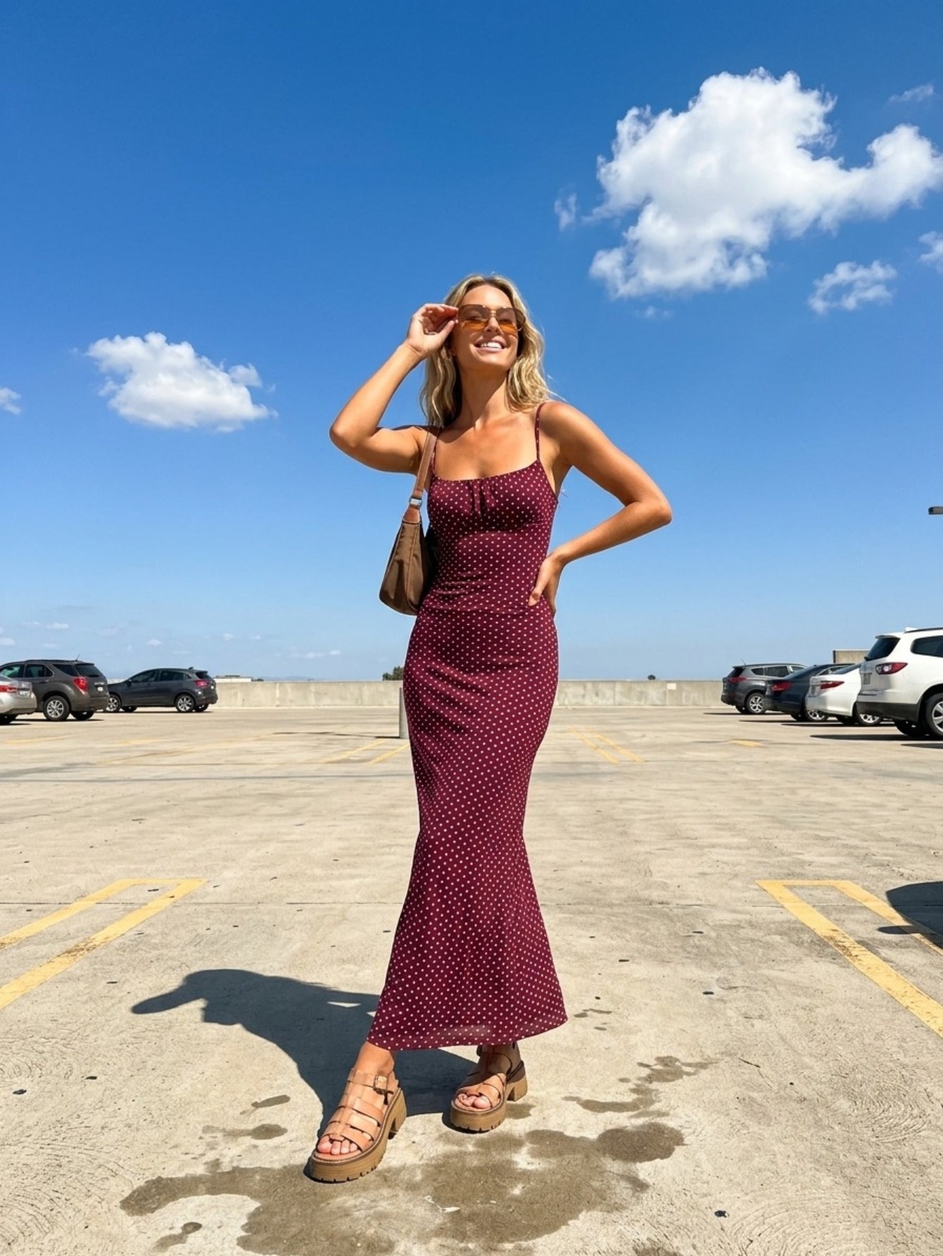 Women's Polka Dot Midi Dress - Burgundy Slinky Cami Strap Dress with Cowl Neckline & Ruched Waist