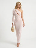 Women's One Shoulder Maxi Dress - Nude Cutout Bodycon Gown with Asymmetric Sleeve | Formal Evening Party Dress