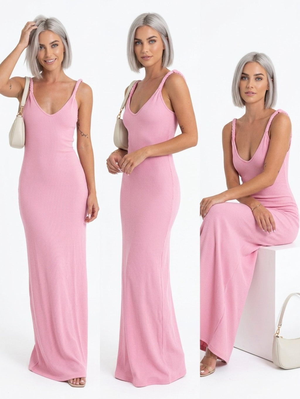 Women's Slim Fit Maxi Dress - Pink Spaghetti Strap V Neck Slip Dress for Summer Casual Party