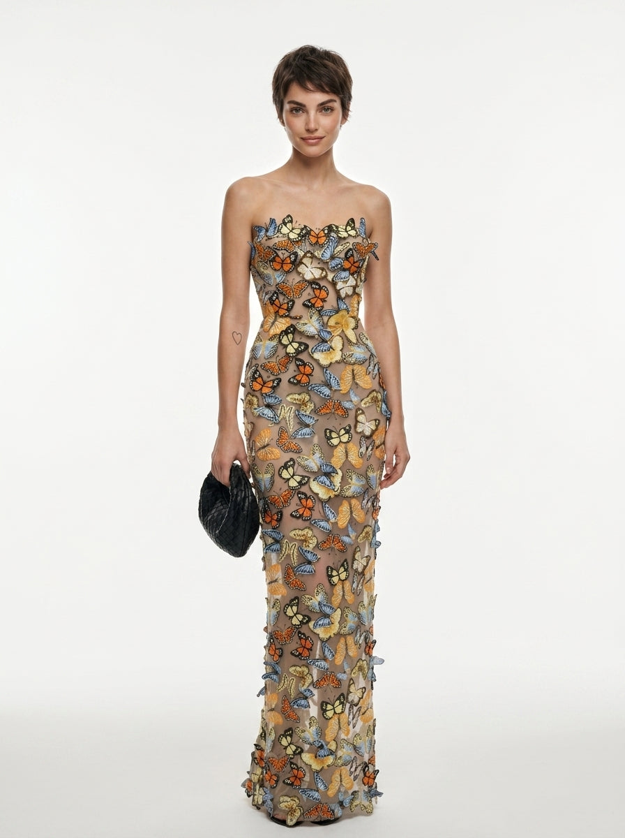 Women's Butterfly Print Halter Maxi Dress - Sheer Mesh Ruched Bodycon Evening Party Gown