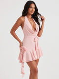 Women's Halter Neck Mini Dress - Sleeveless V-Neck Ruffle Hem Party Club Dress with Adjustable Tie (Available in Black/Pink)