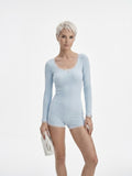 Light Blue Satin Long Sleeve Catsuit with Lace Trim - Vintage Style Plunging Neck Bodysuit for Women