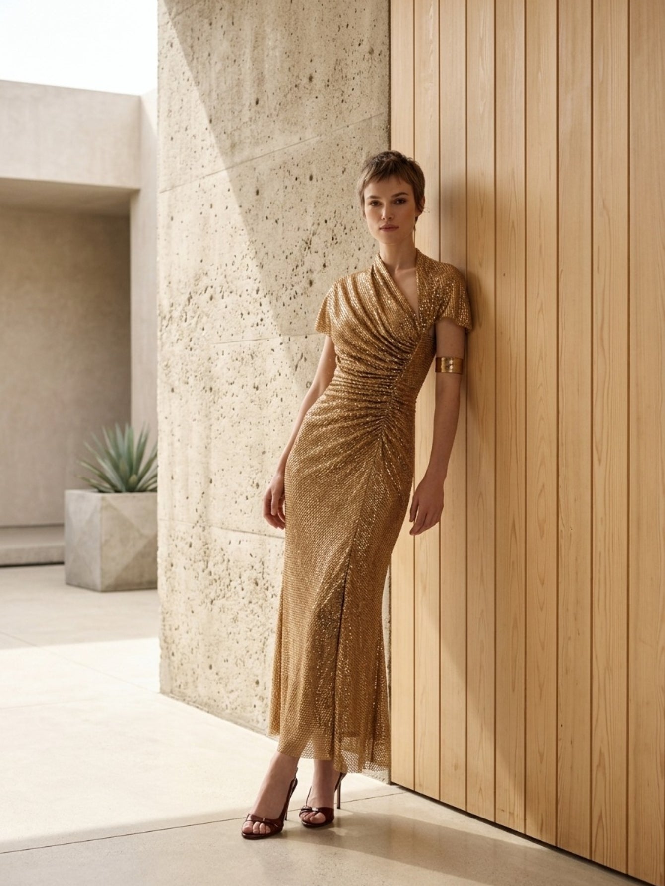Women's Gold Sequin Maxi Dress - V-Neck Cap Sleeve High Slit Formal Evening Gown