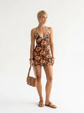 Women's Brown Floral Print Dress - Halter Neck Tie Front Mini Dress with Cross Strap Detail | Sexy Summer Beach Vacation Dress