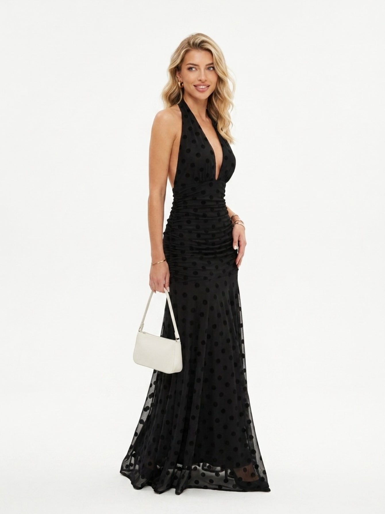 Women's Halter Neck Polka Dot Maxi Dress - Black Deep V Neck Evening Gown with Ruched Waist & Flowy Skirt