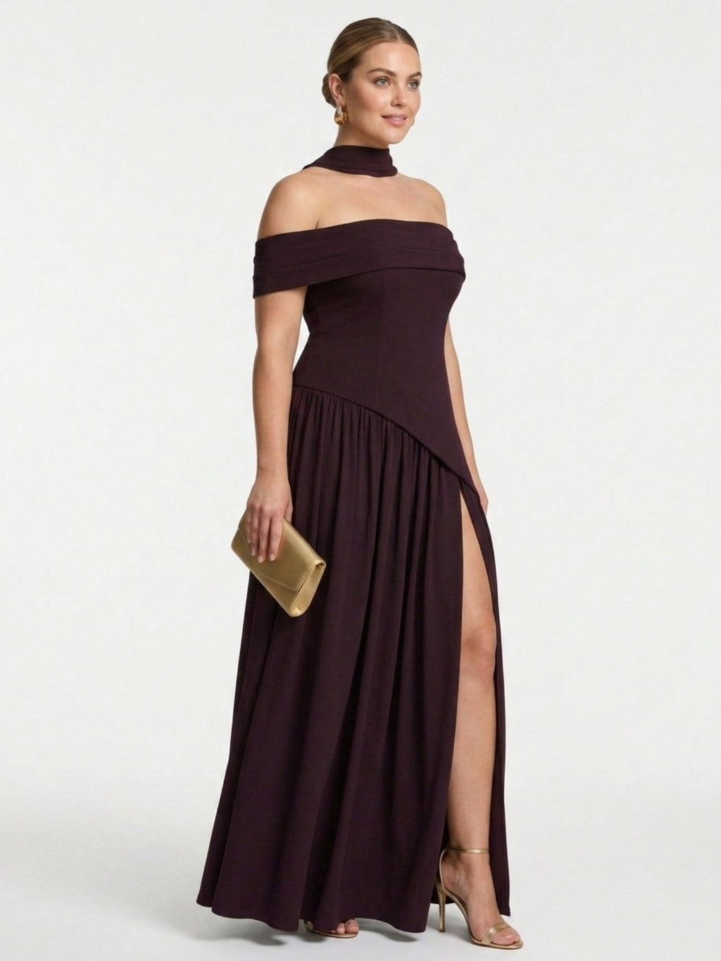 Women's Off The Shoulder Gown - Plum High Neck Maxi Dress with High Slit & Draped Detail | Formal Evening Party Dress