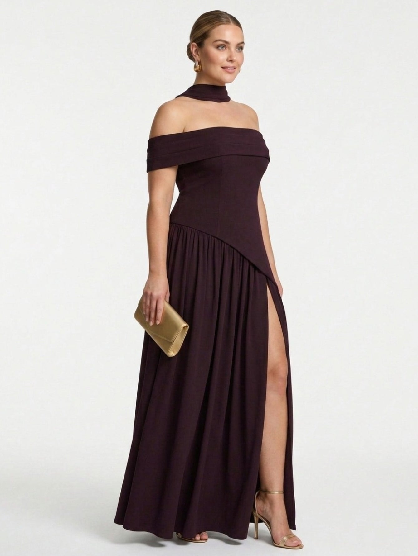 Women's Off The Shoulder Gown - Plum High Neck Maxi Dress with High Slit & Draped Detail | Formal Evening Party Dress
