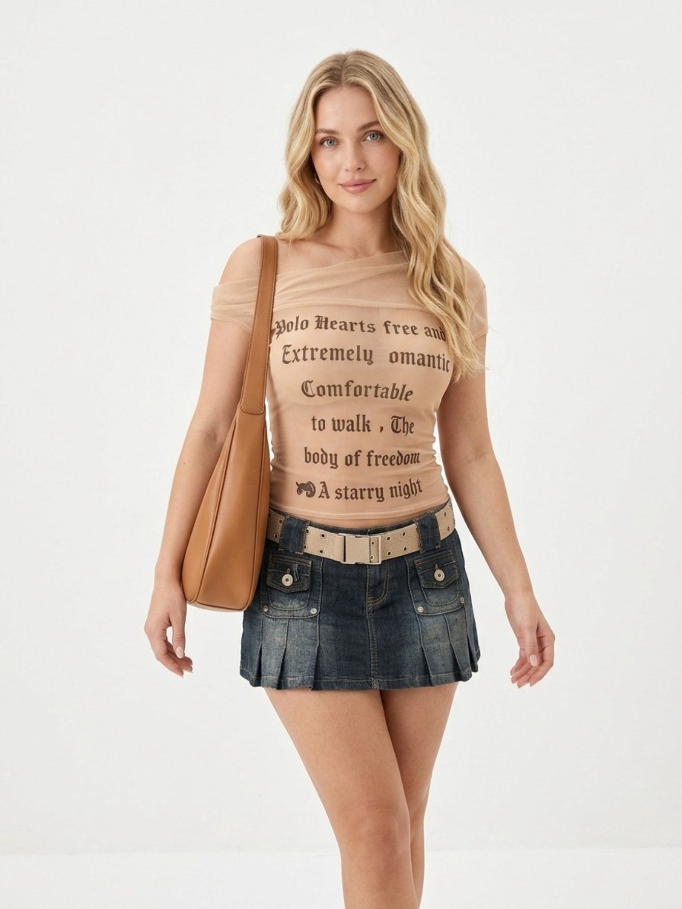 Women's Off-Shoulder Graphic Top - Nude Short Sleeve Y2K Crop Tee with Punk Poem Print | Casual Summer Streetwear
