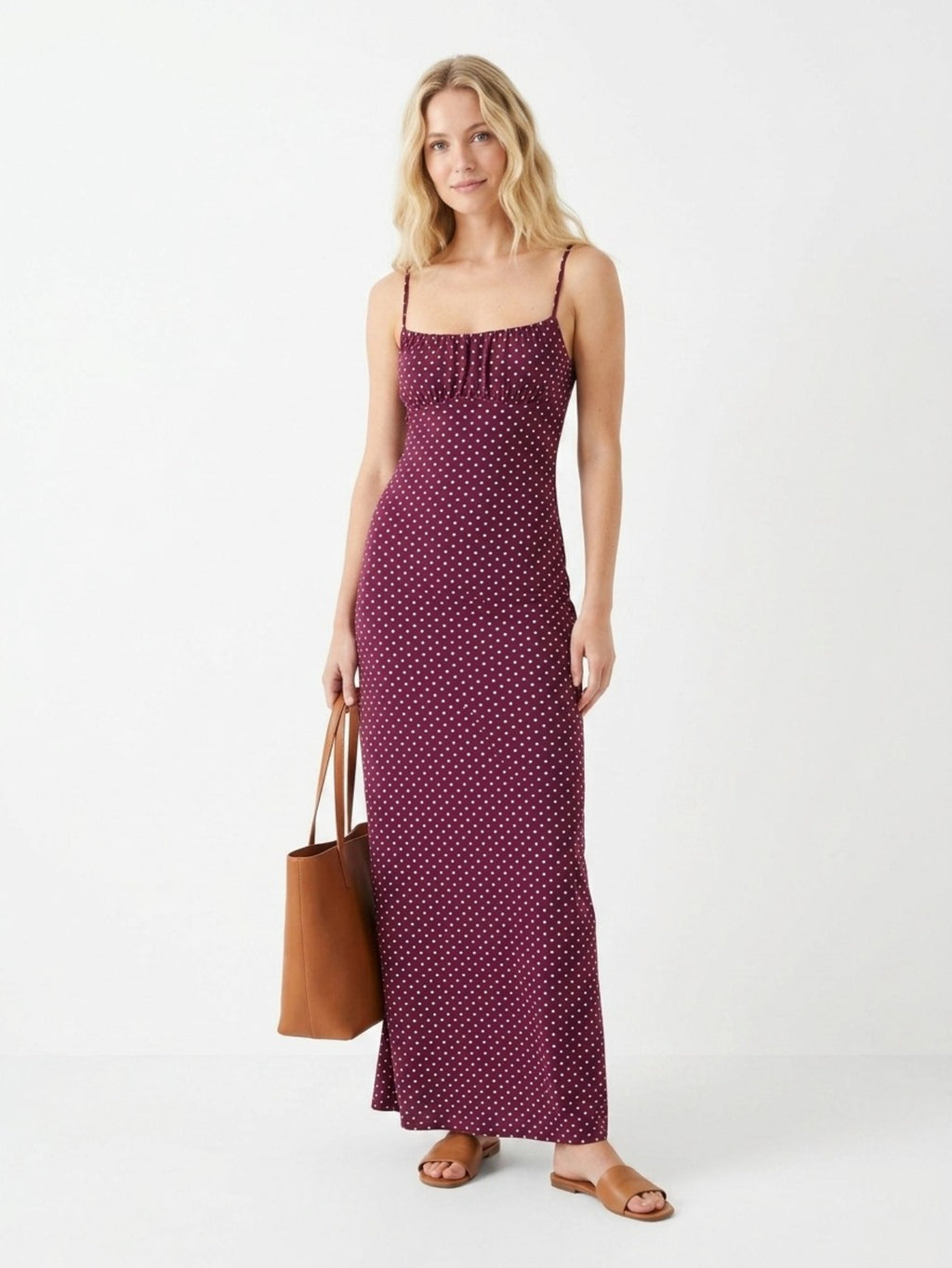 Women's Polka Dot Midi Dress - Burgundy Slinky Cami Strap Dress with Cowl Neckline & Ruched Waist