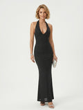 Women's Sparkly Halter Neck Maxi Dress - Sexy Deep V Plunging Neckline Mermaid Hem Evening Party Gown
