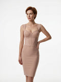 Women's Nude Bustier Midi Dress - Sheer Panel Corset Bodycon Lace Cocktail Party Dress