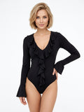 Women's Contrast Color Ruffle Halter Neck Bodysuit - Sexy Deep V Long Sleeve Flared Sleeve Elegant One Piece Jumpsuit for Party Casual Daily