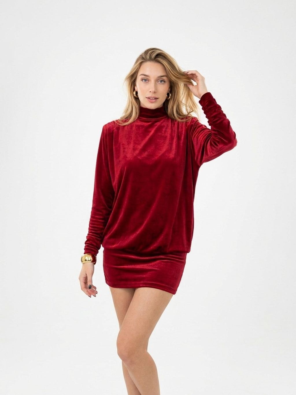 Women's Burgundy Satin Midi Dress - High Neck Backless Party Dress with Draped Sleeves, Elegant Cocktail Gown for Evening Events