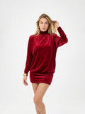 Women's Burgundy Satin Midi Dress - High Neck Backless Party Dress with Draped Sleeves, Elegant Cocktail Gown for Evening Events