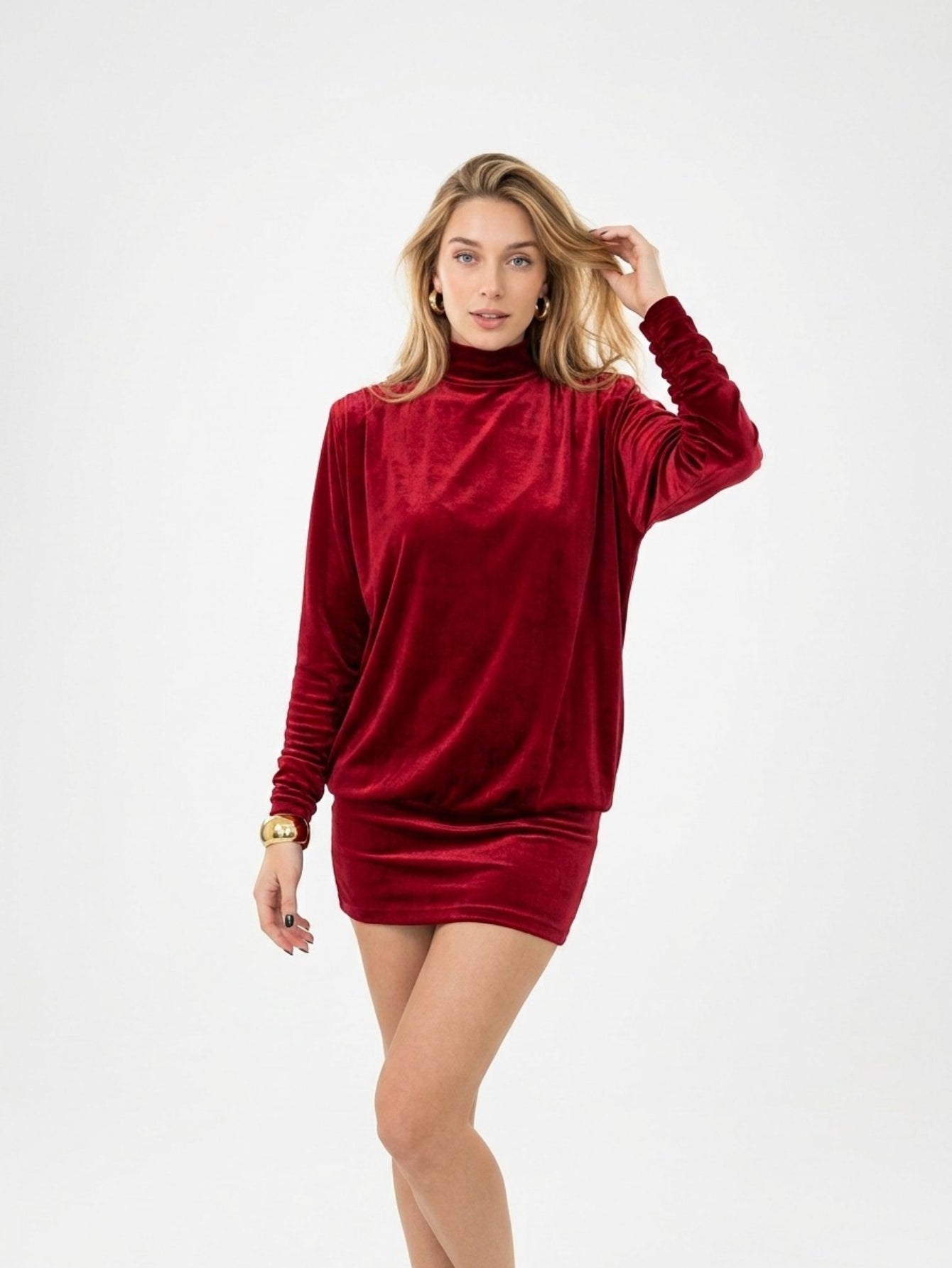 Women's Burgundy Satin Midi Dress - High Neck Backless Party Dress with Draped Sleeves, Elegant Cocktail Gown for Evening Events