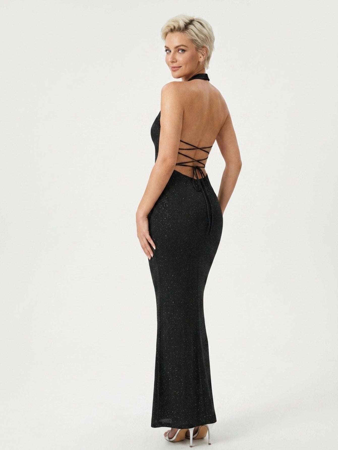 Women's Sparkly Halter Neck Maxi Dress - Sexy Deep V Plunging Neckline Mermaid Hem Evening Party Gown