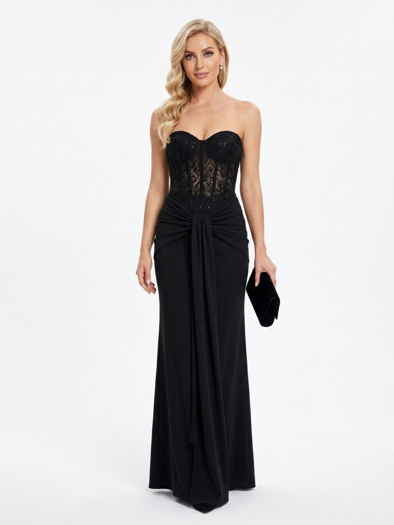 Women's Elegant Strapless Backless Long Dress with Ruched Detail Perfect for Party & Formal Events, Woven Fabric with Slight Stretch