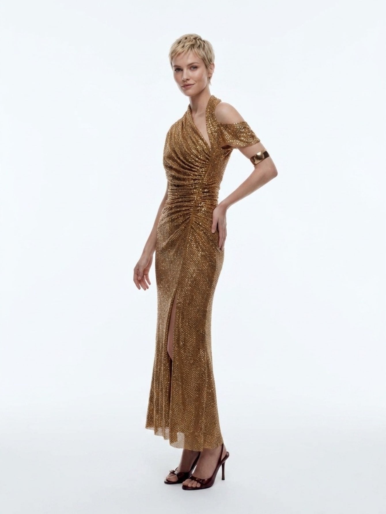 Women's Gold Sequin Maxi Dress - V-Neck Cap Sleeve High Slit Formal Evening Gown