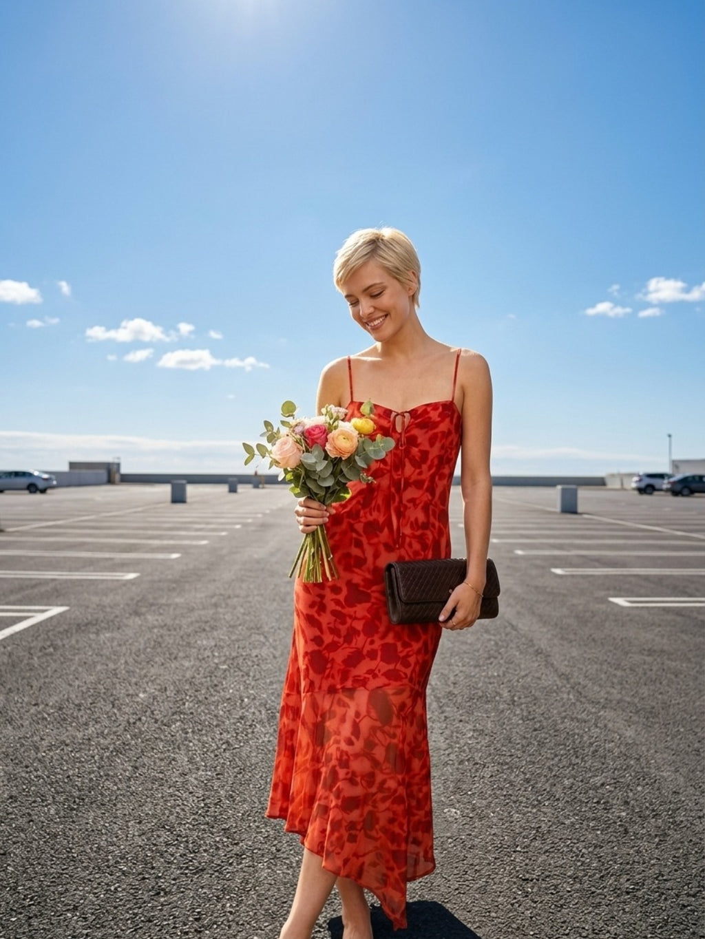 Women's Red Printed Midi Dress - Spaghetti Strap Asymmetric Hem Summer Casual Vacation Dress