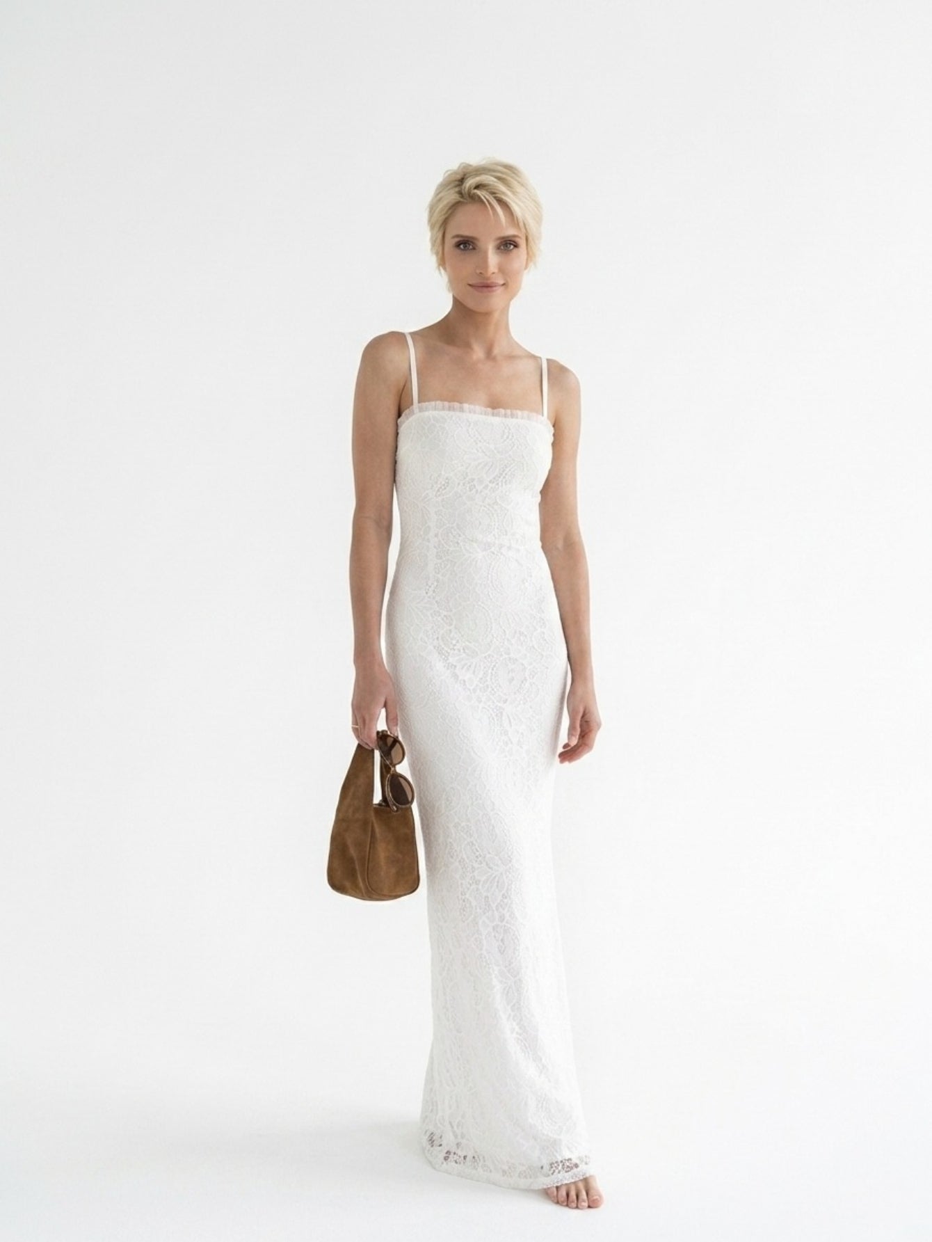 Women's White Lace Maxi Dress - Spaghetti Strap Sleeveless Column Gown for Summer & Bridal Events