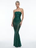 Women's Sequin Mermaid Maxi Dress - Emerald Green/Plum Purple Strapless Fishtail Formal Gown