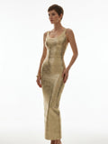Women's Metallic Maxi Dress - Gold/Silver Sleeveless Bodycon V-Neck Evening Gown