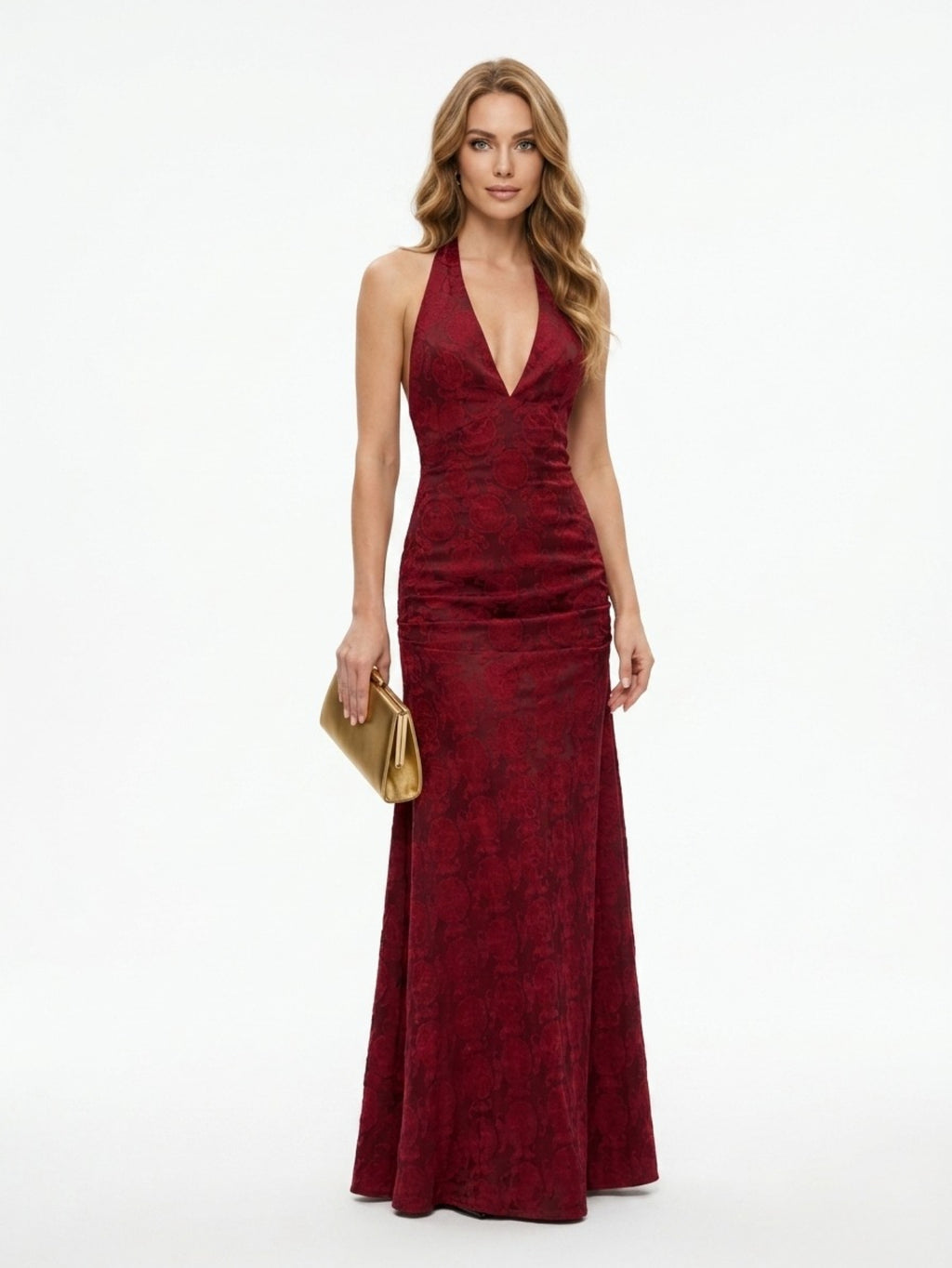 Women's Red Velvet Gown - Halter Neck Plunging V-Neck Floral Burnout Maxi Dress | Elegant Evening Formal Party Dress