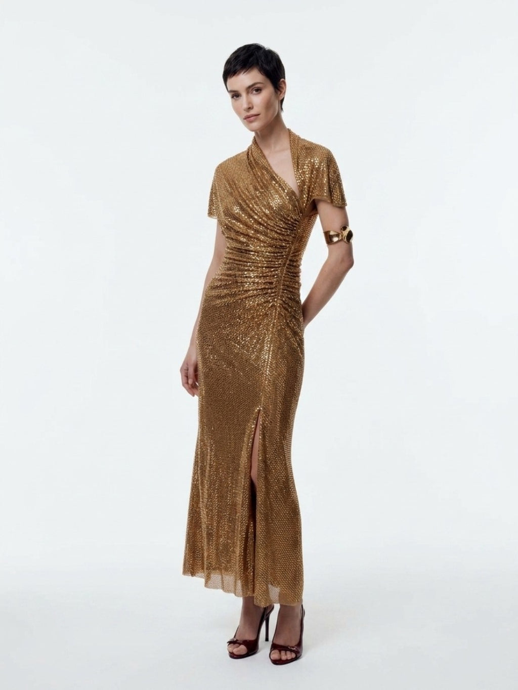 Women's Gold Sequin Maxi Dress - V-Neck Cap Sleeve High Slit Formal Evening Gown