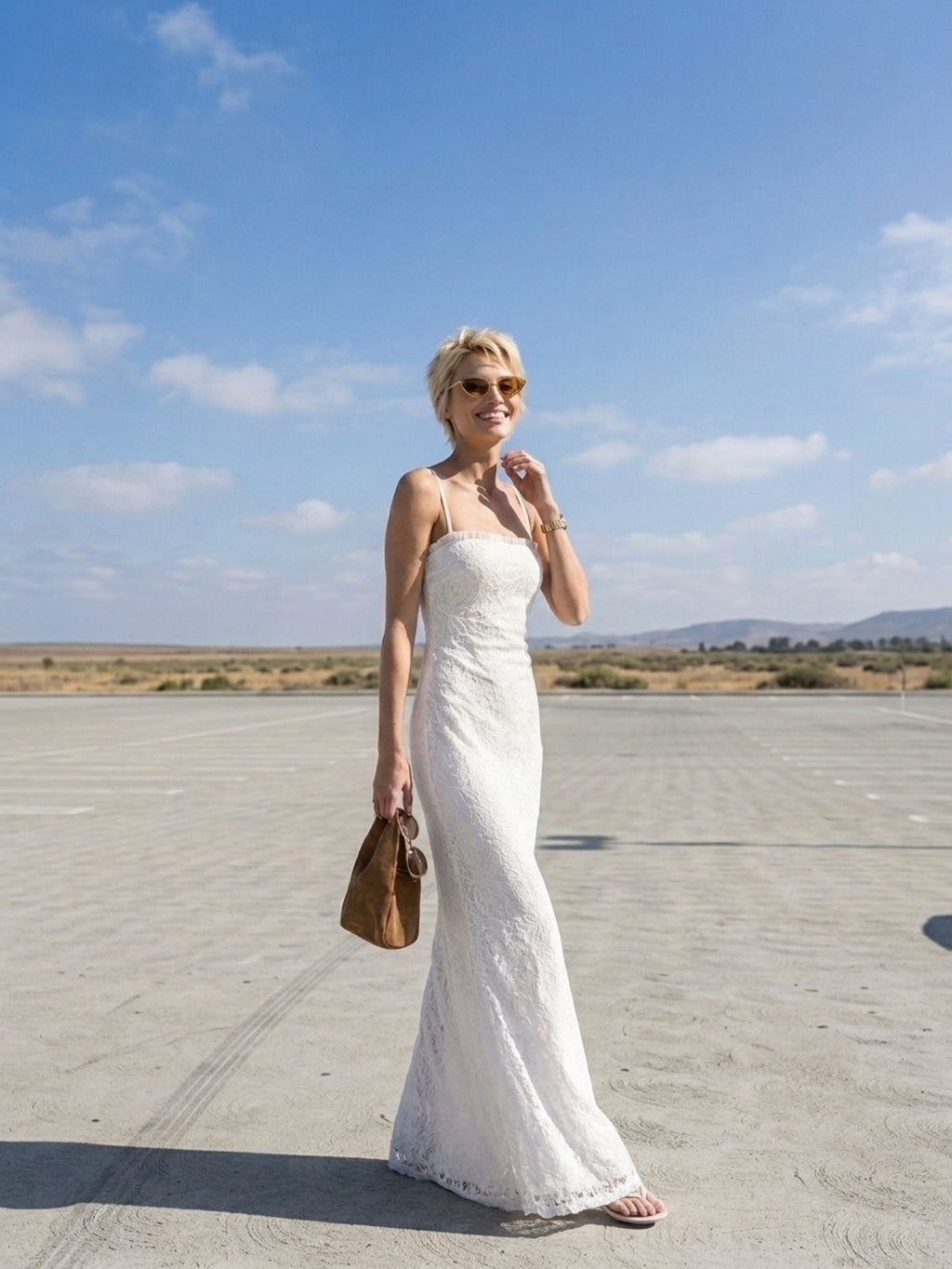 Women's White Lace Maxi Dress - Spaghetti Strap Sleeveless Column Gown for Summer & Bridal Events