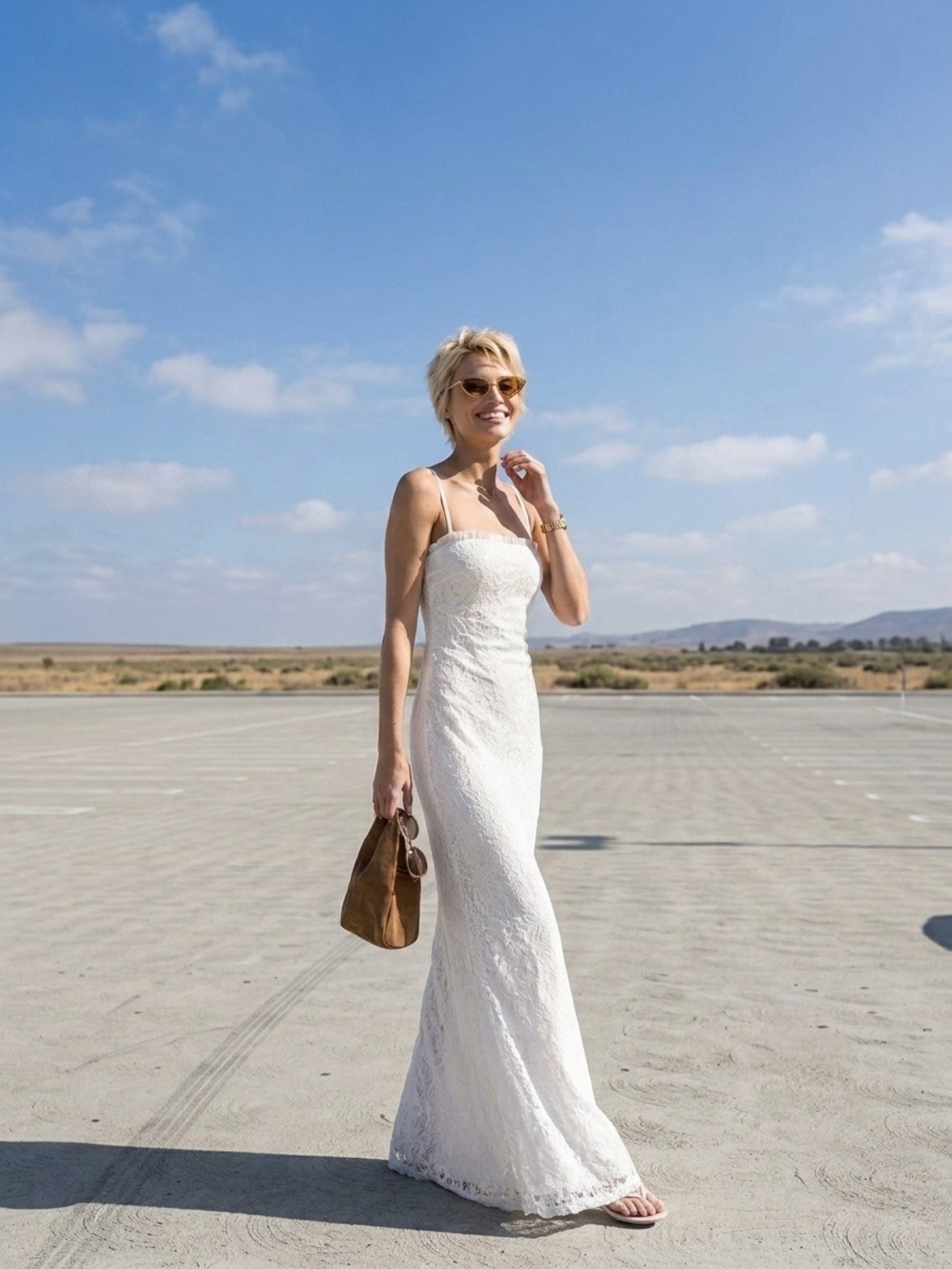 Women's White Lace Maxi Dress - Spaghetti Strap Sleeveless Column Gown for Summer & Bridal Events
