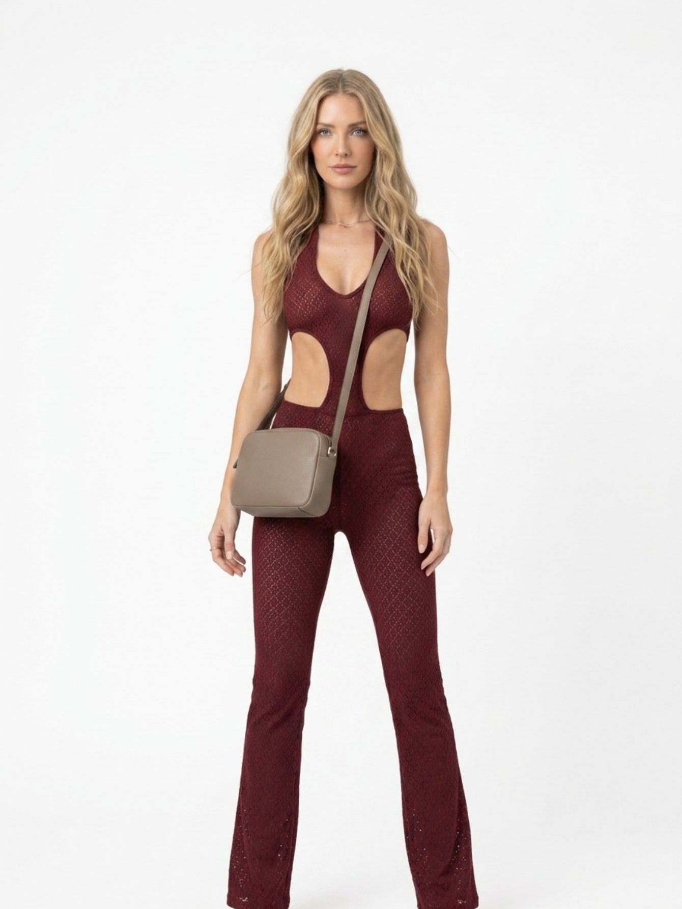 Women's Maroon Cut-Out Workout Jumpsuit - High Neck Flare Leg Yoga Romper with Textured Pattern | Gym & Streetwear Activewear