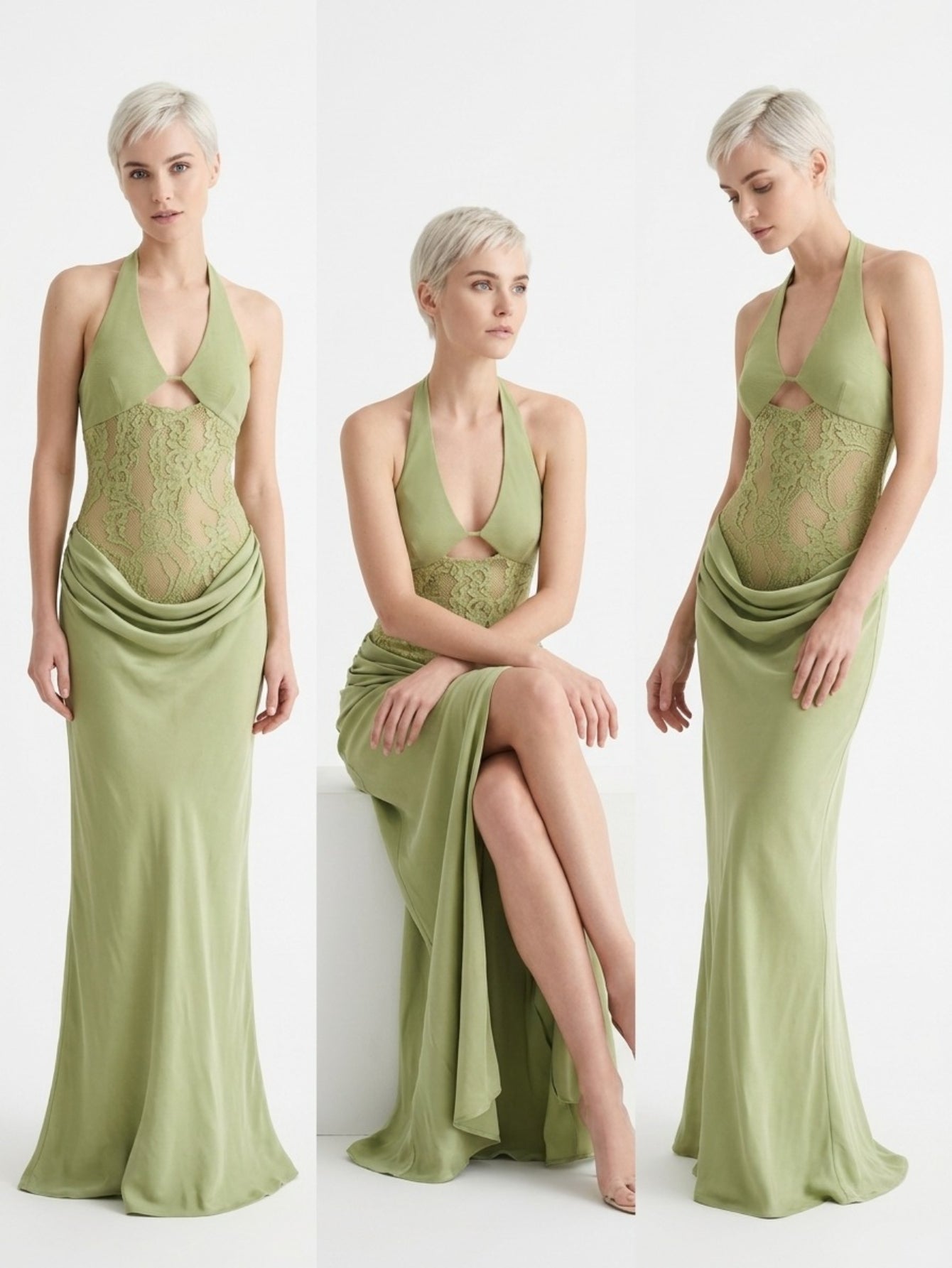 Women's Sage Green Halter Neck Maxi Dress - Elegant Lace Panel & Draped Ruching Design for Evening Party