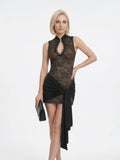 Women's Cheongsam Lace Dress - High Neck Keyhole Mini with Side Ruched Detail | Elegant Cocktail Party Dress